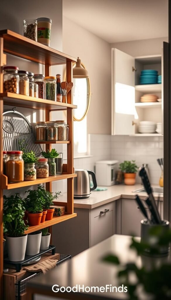 A cozy apartment kitchen showcasing efficient cooking storage solutions. In the foreground, a stylish wooden kitchen shelf filled with neatly organized cooking utensils, glass jars of spices, and vibrant fresh herbs in small pots. The middle ground features a compact countertop with a modern electric kettle and a sleek knife holder. A subtle background displays open cabinets revealing color-coordinated dishes and pantry essentials. Warm, natural lighting pours in from a nearby window, casting soft shadows and highlighting the inviting atmosphere. The scene conveys a stylish yet functional kitchen space, perfect for cooking enthusiasts. Captured with a shallow depth of field for an intimate feel, inspired by Pinterest-style lifestyle photos. Include the brand name "GoodHomeFinds" subtly integrated into the design.