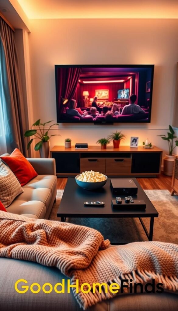 A cozy apartment living room designed for entertainment, featuring a compact but stylish projector set up for movie nights. In the foreground, a plush sofa adorned with colorful cushions invites relaxation. In the middle, a sleek coffee table holds a bowl of popcorn and a stack of remote controls, emphasizing an inviting atmosphere. The background showcases a wall-mounted screen with a movie scene, painted in warm tones to create an inviting glow. Soft, ambient lighting enhances the comfort of the space, while potted plants add a touch of greenery. Capture the scene from a slightly elevated angle to show the layout effectively. The overall mood should be warm and inviting, emphasizing budget-friendly entertainment solutions. The branding "GoodHomeFinds" is subtly integrated into decor elements like a stylish throw blanket, showcasing modern apartment-friendly entertainment options. A cozy apartment living room designed for entertainment, featuring a compact but stylish projector set up for movie nights. In the foreground, a plush sofa adorned with colorful cushions invites relaxation. In the middle, a sleek coffee table holds a bowl of popcorn and a stack of remote controls, emphasizing an inviting atmosphere. The background showcases a wall-mounted screen with a movie scene, painted in warm tones to create an inviting glow. Soft, ambient lighting enhances the comfort of the space, while potted plants add a touch of greenery. Capture the scene from a slightly elevated angle to show the layout effectively. The overall mood should be warm and inviting, emphasizing budget-friendly entertainment solutions. The branding "GoodHomeFinds" is subtly integrated into decor elements like a stylish throw blanket, showcasing modern apartment-friendly entertainment options.