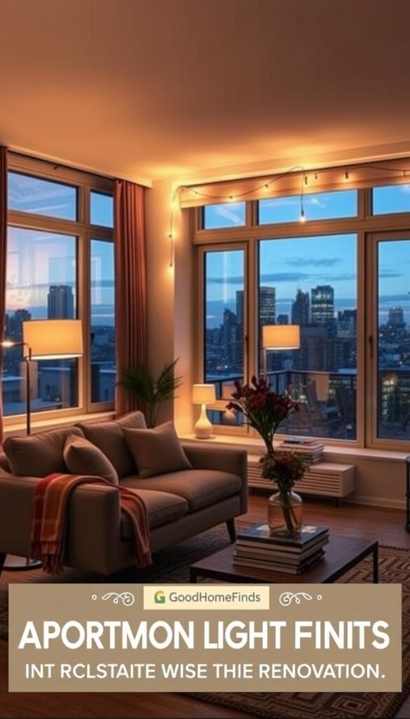 A cozy apartment living room illuminated by soft, warm lighting, featuring stylish floor and table lamps, and string lights draped artistically. In the foreground, a chic mid-century modern sofa with plush cushions is adorned with a colorful throw blanket. The middle ground includes a small coffee table with an elegant vase of fresh flowers, and a pile of art books. Behind, large windows reveal a view of a city skyline at dusk, casting a gentle glow throughout the room. The atmosphere is inviting and tranquil, evoking a sense of home and comfort. Shot with a wide-angle lens to capture the full ambiance, focusing on the interplay of light and shadow. This image reflects &ldquo;GoodHomeFinds,&rdquo; showcasing apartment lighting fixes that enhance living spaces without renovation.