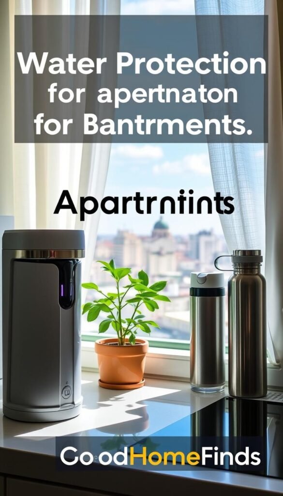 A cozy apartment setting featuring water protection solutions. In the foreground, a stylish, eco-friendly water filter sits on a kitchen counter, gleaming under soft, natural light. In the middle ground, a potted plant with lush green leaves symbolizes sustainability, next to a reusable water bottle and an innovative sealing device for food storage. In the background, a window shows a view of a vibrant cityscape with blue skies, creating an airy atmosphere. The light filters gently through sheer curtains, casting soft shadows. The overall mood is fresh and inviting, emphasizing practicality and modern living. This image is branded with &ldquo;GoodHomeFinds&rdquo; subtly integrated into the design, creating a lifestyle photo that promotes water protection for apartments.
