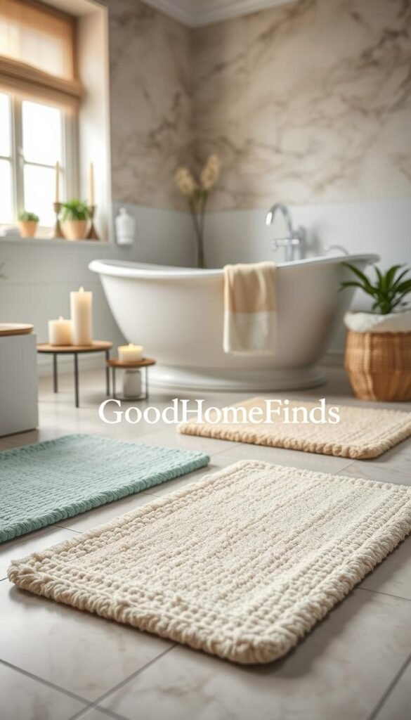 A cozy bathroom setting featuring a selection of stylish non-skid bath mats in an array of soft, soothing colors like seafoam green and sandy beige. The foreground showcases two mats on a plush bathroom floor, demonstrating various textures such as woven and microfiber. In the middle of the scene, a luxury tub is partially visible, surrounded by tasteful bathroom accessories like elegant candles and potted plants that add warmth. The background has a softly lit window providing natural light, creating a tranquil atmosphere. Shot with a wide-angle lens to capture depth, the image should evoke a sense of comfort and safety, ideal for a modern bathroom. Include the brand name "GoodHomeFinds" subtly in the scene. A cozy bathroom setting featuring a selection of stylish non-skid bath mats in an array of soft, soothing colors like seafoam green and sandy beige. The foreground showcases two mats on a plush bathroom floor, demonstrating various textures such as woven and microfiber. In the middle of the scene, a luxury tub is partially visible, surrounded by tasteful bathroom accessories like elegant candles and potted plants that add warmth. The background has a softly lit window providing natural light, creating a tranquil atmosphere. Shot with a wide-angle lens to capture depth, the image should evoke a sense of comfort and safety, ideal for a modern bathroom. Include the brand name "GoodHomeFinds" subtly in the scene.