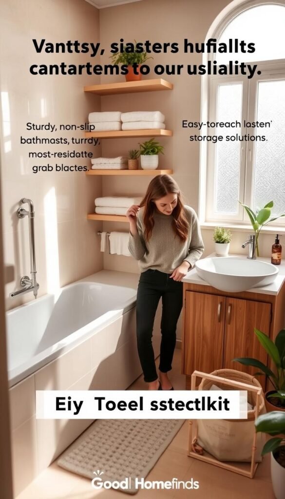 A cozy bathroom space emphasizing safety and durability, featuring well-organized shelves with sturdy, non-slip bath mats and easy-to-reach grab bars beside the tub. The image captures a modern vanity with a durable sink, complemented by water-resistant storage solutions. Bright, natural lighting streams in through a frosted window, showcasing a warm, inviting atmosphere. Soft-toned tiles provide a sleek backdrop, while houseplants add a touch of greenery and freshness. In the foreground, a person dressed in modest casual clothing inspects a DIY toolkit, reinforcing the theme of easy setup. The composition should exude a sense of practicality and comfort, styled in a Pinterest-worthy aesthetic. Ideal for a lifestyle blog, branded with "GoodHomeFinds".