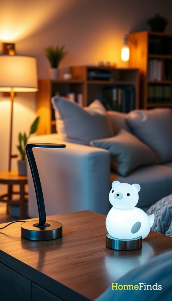 A cozy, beautifully lit living room scene featuring various night lights that enhance safety and ambiance without needing rewiring. In the foreground, a stylish bedside table displays a sleek, modern touch-sensitive lamp casting a warm glow, and a decorative night light shaped like a whimsical animal. In the middle, an inviting sofa with soft cushions invites relaxation, while a subtle, glowing wall sconce adds to the ambient light. The background reveals a softly illuminated bookshelf, with a few potted plants basking in gentle highlights. The overall atmosphere is peaceful and serene, ideal for nighttime comfort. Capture the mood with warm lighting and a slightly blurred background to emphasize the foreground elements. This image should reflect the brand identity of "GoodHomeFinds."