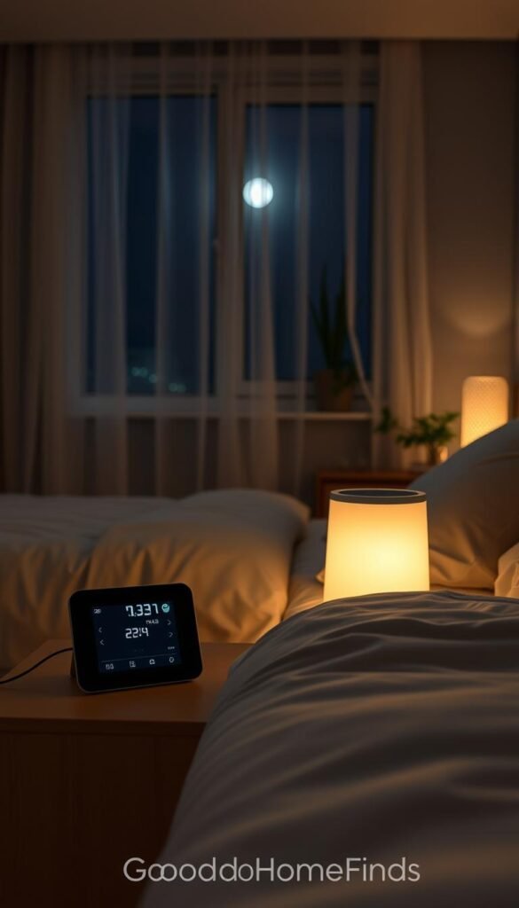 A cozy bedroom scene at night, featuring a comfortable, neatly made bed with soft, pastel bedding reflecting a serene atmosphere. In the foreground, a bedside table with a sleek digital thermometer and a stylish air purifier glows gently, casting a warm light that contrasts with the cool tones of the room. The middle ground displays a large window with sheer curtains, allowing soft moonlight to filter through, hinting at outdoor elements like a clear night sky. In the background, a minimalistic decor with potted plants adds a touch of nature, symbolizing fresh air. The overall mood is tranquil, promoting relaxation and quality sleep, ideal for showcasing the temperature and air balance. The image should have a soft focus with a lens that captures warmth and comfort, embodying the essence of "GoodHomeFinds." A cozy bedroom scene at night, featuring a comfortable, neatly made bed with soft, pastel bedding reflecting a serene atmosphere. In the foreground, a bedside table with a sleek digital thermometer and a stylish air purifier glows gently, casting a warm light that contrasts with the cool tones of the room. The middle ground displays a large window with sheer curtains, allowing soft moonlight to filter through, hinting at outdoor elements like a clear night sky. In the background, a minimalistic decor with potted plants adds a touch of nature, symbolizing fresh air. The overall mood is tranquil, promoting relaxation and quality sleep, ideal for showcasing the temperature and air balance. The image should have a soft focus with a lens that captures warmth and comfort, embodying the essence of "GoodHomeFinds."