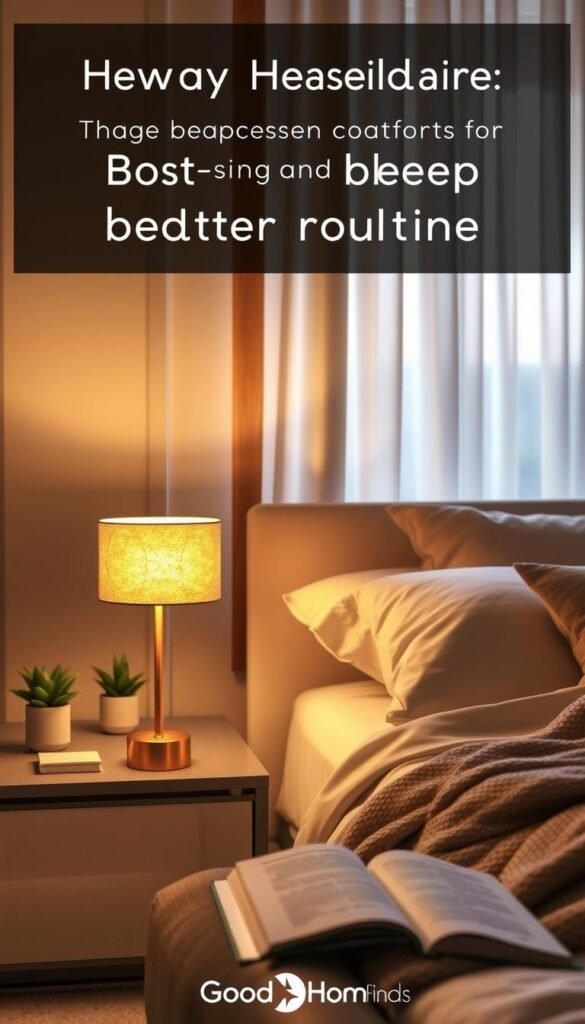 A cozy bedroom scene designed to enhance relaxation and promote better sleep, featuring a warm, dimmable bedside lamp casting a soft, golden glow. In the foreground, a stylish lamp with a textured shade is positioned on a modern nightstand, surrounded by a few minimalist decorative items like a small plant and an open book. The middle layer shows a neatly made bed with plush pillows and a textured throw blanket, invitingly inviting rest. In the background, soft curtains drape gently over a window, filtering the evening light, while soothing wall colors create a calm atmosphere. The mood is tranquil and serene, aiming to evoke a sense of comfort and peace, perfect for a night routine. The photography style mirrors Pinterest aesthetics, emphasizing warmth and coziness, branded with "GoodHomeFinds".