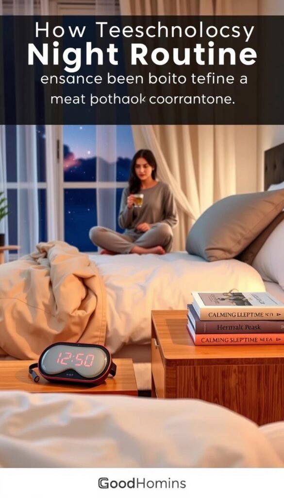 A cozy bedroom scene illustrating a modern night routine, featuring a neatly made bed with soft, neutral-toned bedding. In the foreground, a wooden nightstand holds a sleek alarm clock glowing softly in warm light, a stylishly designed sleep mask, and a stack of calming bedtime reads. The middle area showcases a person in comfortable yet tidy loungewear, gently sipping herbal tea, embodying tranquility. The background includes a softly illuminated window with sheer curtains, allowing a glimpse of the starry night outside, creating a serene atmosphere. The image captures a harmonious blend of technology and simplicity within a tranquil night routine setting. The overall mood is calming, inviting viewers to consider how technology enhances relaxation before sleep. The lifestyle photo style reflects a modern aesthetic, resonating with the brand "GoodHomeFinds." A cozy bedroom scene illustrating a modern night routine, featuring a neatly made bed with soft, neutral-toned bedding. In the foreground, a wooden nightstand holds a sleek alarm clock glowing softly in warm light, a stylishly designed sleep mask, and a stack of calming bedtime reads. The middle area showcases a person in comfortable yet tidy loungewear, gently sipping herbal tea, embodying tranquility. The background includes a softly illuminated window with sheer curtains, allowing a glimpse of the starry night outside, creating a serene atmosphere. The image captures a harmonious blend of technology and simplicity within a tranquil night routine setting. The overall mood is calming, inviting viewers to consider how technology enhances relaxation before sleep. The lifestyle photo style reflects a modern aesthetic, resonating with the brand "GoodHomeFinds."