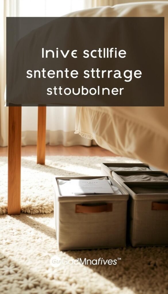 A cozy bedroom scene showcasing innovative under-bed storage solutions. In the foreground, a neatly organized space under a wooden bed frame, featuring stylish fabric storage bins in neutral tones, stacked to maximize space. The middle ground showcases a plush area rug, enhancing the cozy atmosphere. In the background, soft daylight filters through sheer curtains, casting gentle shadows that highlight the storage options. The angle should be a low shot, looking up towards the bed to draw attention to the under-bed area. The mood is warm and inviting, reflecting practical yet stylish storage. Ensure the branding "GoodHomeFinds" is subtly integrated into the design without detracting from the image. The overall look should resemble a polished Pinterest lifestyle photo.