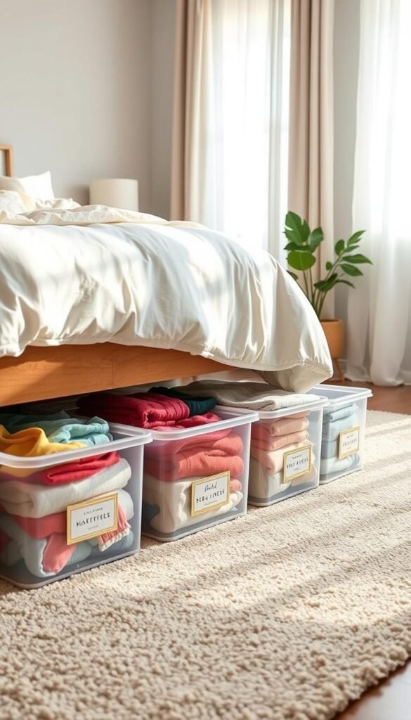 A cozy bedroom scene showcasing stylish under-bed storage solutions. In the foreground, neatly organized plastic storage bins filled with colorful clothing and spare linens, partially visible from under a neatly made bed. Each bin has a chic label to identify contents. The middle ground features a plush rug and a wooden bed frame, adorned with soft, neutral-toned bedding to create a warm atmosphere. In the background, soft natural light filters through sheer curtains, casting gentle shadows, enhancing the inviting feel of the room. The overall mood is tidy and functional, perfect for highlighting effective use of space. This image is styled in a Pinterest-worthy aesthetic, representing the brand "GoodHomeFinds" with popular storage solutions.