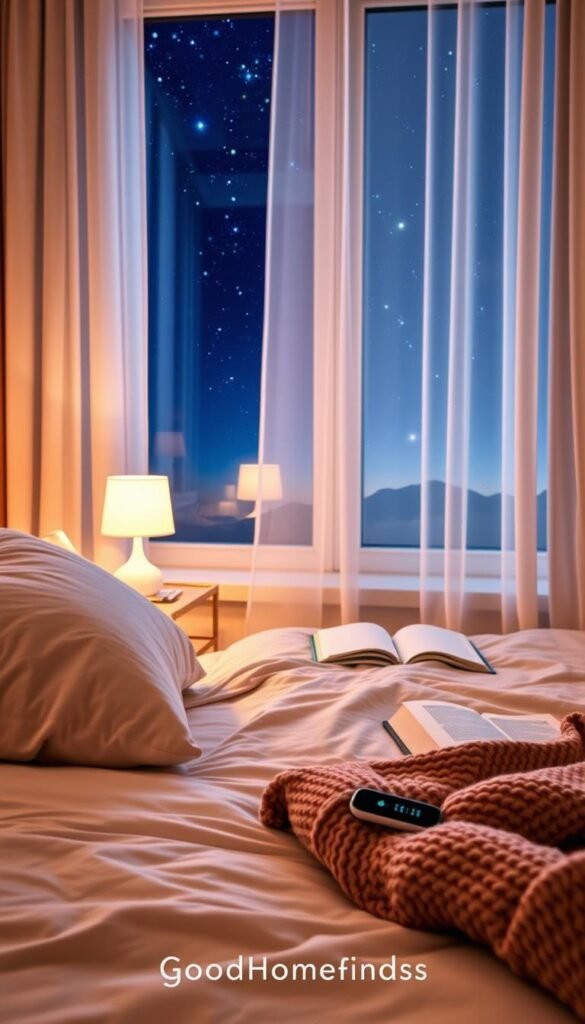A cozy bedroom scene that reflects a calming night routine. In the foreground, a neatly made bed is adorned with plush pillows and a soft, knitted throw blanket in serene colors. A bedside table features a gentle glowing lamp, an open book, and a sleek, modern sleep tracker. In the middle ground, a large window reveals a starry night sky, with sheer curtains softly fluttering in a light breeze. The background displays soft ambient lighting, creating a peaceful atmosphere. The overall mood is tranquil and inviting, emphasizing relaxation and self-care. This image embodies the essence of “night routine tech” in a modern home. Realistic photography style, warm lighting, shot from a slightly elevated angle, focusing on the inviting elements. GoodHomeFinds. A cozy bedroom scene that reflects a calming night routine. In the foreground, a neatly made bed is adorned with plush pillows and a soft, knitted throw blanket in serene colors. A bedside table features a gentle glowing lamp, an open book, and a sleek, modern sleep tracker. In the middle ground, a large window reveals a starry night sky, with sheer curtains softly fluttering in a light breeze. The background displays soft ambient lighting, creating a peaceful atmosphere. The overall mood is tranquil and inviting, emphasizing relaxation and self-care. This image embodies the essence of “night routine tech” in a modern home. Realistic photography style, warm lighting, shot from a slightly elevated angle, focusing on the inviting elements. GoodHomeFinds.
