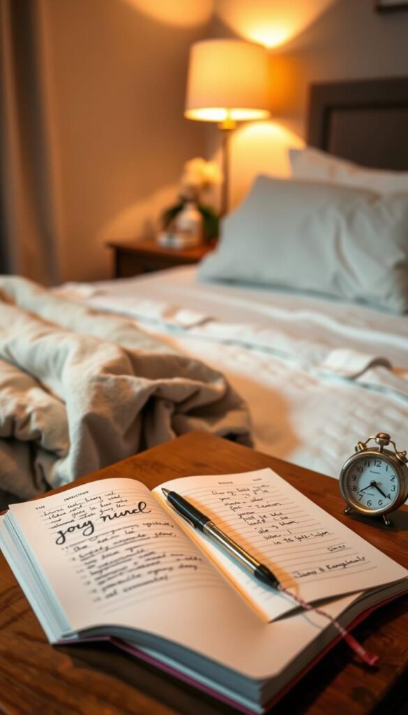 A cozy bedroom scene with soft, warm lighting, highlighting a well-organized bedside table featuring a beautifully designed journal, a stylish pen, and a small, classic timer. In the foreground, the open journal displays neatly written notes, reflecting a peaceful bedtime journaling atmosphere. The middle ground includes a neatly made bed with fluffy pillows and a soft throw blanket, inviting relaxation. In the background, a softly illuminated nightstand lamp adds a gentle glow, while a small plant brings a touch of nature. The overall mood is calm and serene, evoking a sense of tranquility and mindfulness. The image is styled in a Pinterest-worthy aesthetic, capturing a perfect nightly routine vibe. GoodHomeFinds. A cozy bedroom scene with soft, warm lighting, highlighting a well-organized bedside table featuring a beautifully designed journal, a stylish pen, and a small, classic timer. In the foreground, the open journal displays neatly written notes, reflecting a peaceful bedtime journaling atmosphere. The middle ground includes a neatly made bed with fluffy pillows and a soft throw blanket, inviting relaxation. In the background, a softly illuminated nightstand lamp adds a gentle glow, while a small plant brings a touch of nature. The overall mood is calm and serene, evoking a sense of tranquility and mindfulness. The image is styled in a Pinterest-worthy aesthetic, capturing a perfect nightly routine vibe. GoodHomeFinds.