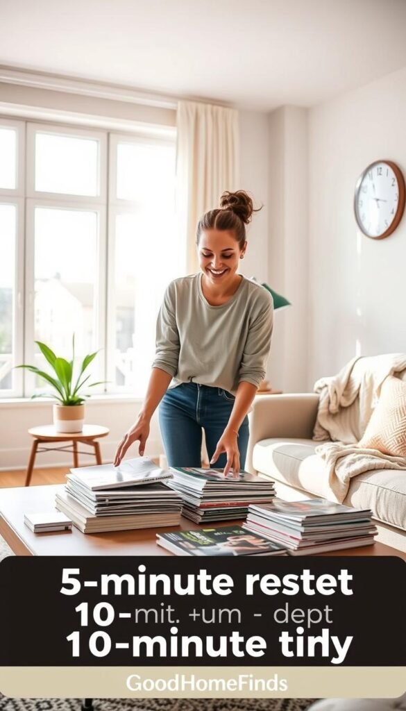 A cozy, bright living room scene illustrating the concept of a "5-minute reset" and "10-minute tidy." In the foreground, a cheerful individual wearing modest casual clothing is quickly organizing a cluttered coffee table, placing magazines into a neat stack. In the middle, a stylish armchair and a decorative potted plant add warmth, while a cozy throw blanket lays draped over the chair. In the background, large windows allow soft, natural light to flood in, creating a vibrant and inviting atmosphere. Subtle details like a clock on the wall show the time ticking away, emphasizing urgency while ensuring a calm ambiance. The overall mood is productive yet relaxed, ideal for busy individuals seeking quick cleaning solutions. Emphasize a Pinterest-style aesthetic with clean lines and serene colors. Brand name: GoodHomeFinds. A cozy, bright living room scene illustrating the concept of a "5-minute reset" and "10-minute tidy." In the foreground, a cheerful individual wearing modest casual clothing is quickly organizing a cluttered coffee table, placing magazines into a neat stack. In the middle, a stylish armchair and a decorative potted plant add warmth, while a cozy throw blanket lays draped over the chair. In the background, large windows allow soft, natural light to flood in, creating a vibrant and inviting atmosphere. Subtle details like a clock on the wall show the time ticking away, emphasizing urgency while ensuring a calm ambiance. The overall mood is productive yet relaxed, ideal for busy individuals seeking quick cleaning solutions. Emphasize a Pinterest-style aesthetic with clean lines and serene colors. Brand name: GoodHomeFinds.