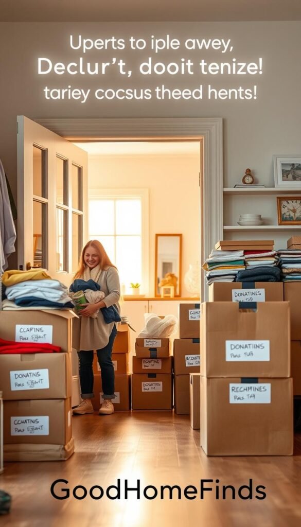 A cozy, bright room filled with neatly organized donation boxes stacked by the door, ready to be taken away. In the foreground, a smiling person in modest casual clothing sorts through household items, such as clothes, books, and toys, placing them into different boxes labeled for donation. The middle section shows a well-lit, decluttered space with clear shelves and a few decorative elements, emphasizing the idea of a fresh start. In the background, a large window allows warm sunlight to flood the scene, creating an inviting atmosphere. The overall mood is uplifting and motivating, inspiring viewers to take action toward decluttering and donating. The image should reflect a Pinterest-style aesthetic, capturing a lifestyle that promotes generosity and organization, with the brand name "GoodHomeFinds" subtly implied in the arrangement of items. A cozy, bright room filled with neatly organized donation boxes stacked by the door, ready to be taken away. In the foreground, a smiling person in modest casual clothing sorts through household items, such as clothes, books, and toys, placing them into different boxes labeled for donation. The middle section shows a well-lit, decluttered space with clear shelves and a few decorative elements, emphasizing the idea of a fresh start. In the background, a large window allows warm sunlight to flood the scene, creating an inviting atmosphere. The overall mood is uplifting and motivating, inspiring viewers to take action toward decluttering and donating. The image should reflect a Pinterest-style aesthetic, capturing a lifestyle that promotes generosity and organization, with the brand name "GoodHomeFinds" subtly implied in the arrangement of items.