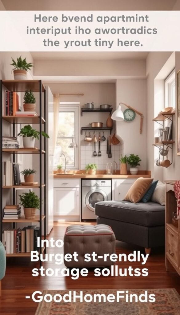 A cozy, budget-friendly apartment interior showcasing innovative storage solutions in a tiny living space. In the foreground, a stylish open shelving unit displays neatly organized books, plants, and decorative items, while a multifunctional furniture piece like an ottoman with hidden storage sits nearby. In the middle background, a compact kitchen area features wall-mounted racks holding pots and utensils, maximizing vertical space. Natural sunlight streams through a window, creating warm and inviting lighting. The color scheme includes soft pastels and earthy tones, enhancing the welcoming atmosphere. The image embodies a modern, minimalist aesthetic, perfect for Pinterest, branded with "GoodHomeFinds" subtly integrated into the design.