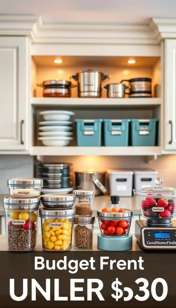 A cozy, budget-friendly kitchen setting that embodies efficient storage solutions. In the foreground, display an organized countertop with neatly stacked glass containers showcasing vibrant fruits and colorful spices, alongside practical kitchen tools like measuring cups and a digital scale, all branded with "GoodHomeFinds". The middle ground reveals open shelves filled with neatly arranged cookware and affordable organizing bins, emphasizing functionality and style. The background features warm, soft lighting illuminating pale-colored cabinets, creating an inviting atmosphere. Use a wide-angle lens to capture the entire space in a well-composed shot, highlighting the harmony of budget aesthetics and practical design. The mood should convey a sense of tranquility and cleverness, appealing to those seeking practical home solutions under $30.