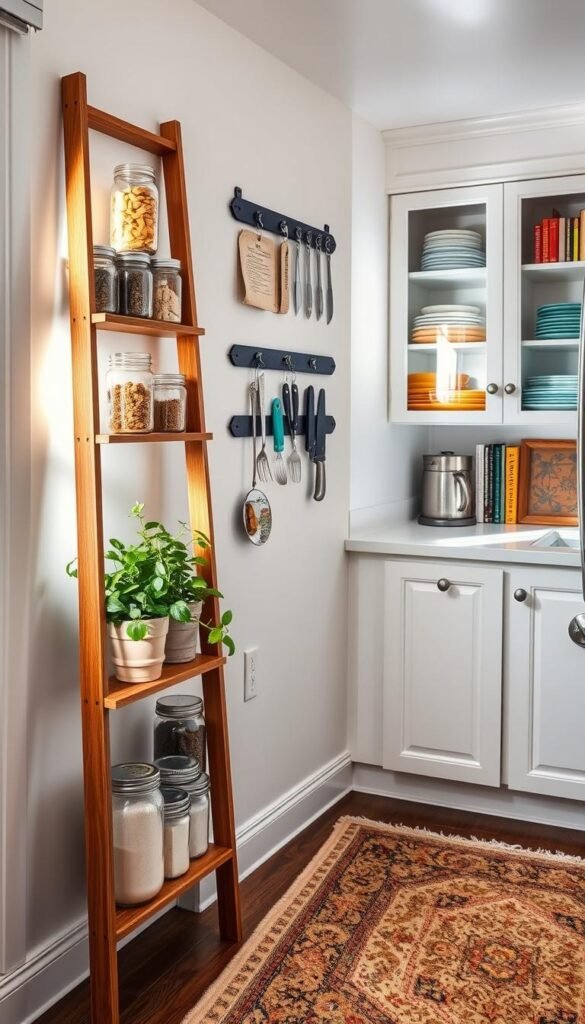 A cozy, clutter-free tiny kitchen featuring innovative, renter-friendly pantry storage solutions. In the foreground, a sleek, wooden ladder shelf adorned with neatly arranged mason jars filled with dry goods, spices, and a potted herb plant. The middle section showcases a stylish wall-mounted magnetic strip displaying kitchen utensils and knives, harmonizing functionality and aesthetics. In the background, soft natural light streams in from a small window, illuminating white cabinets with open shelving displaying colorful plates and cookbooks. A plush, vintage-style rug adds warmth to the space, creating an inviting and organized atmosphere. This Pinterest-style scene is perfect for inspiring renters seeking clever storage ideas without permanent changes. GoodHomeFinds.