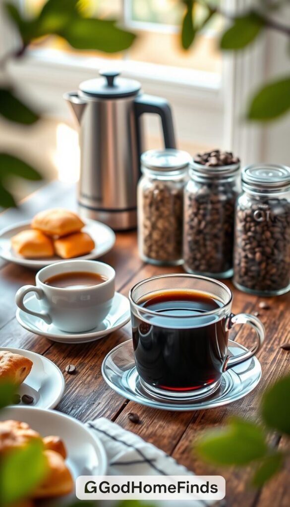 A cozy coffee and tea setup arranged on a rustic wooden table, featuring a steaming cup of rich, dark coffee next to an elegant porcelain teacup filled with herbal tea. In the foreground, there&rsquo;s a small plate of assorted pastries and a stylish milk frother. The middle ground showcases a sleek electric kettle and a set of glass jars filled with loose tea leaves and coffee beans, all beautifully organized. In the background, soft morning light spills in through a nearby window, casting a warm glow that enhances the inviting atmosphere. The scene is framed by soft greenery, creating a serene and calming vibe. This Pinterest-style lifestyle photo embodies practicality and elegance, perfect for busy mornings. GoodHomeFinds.