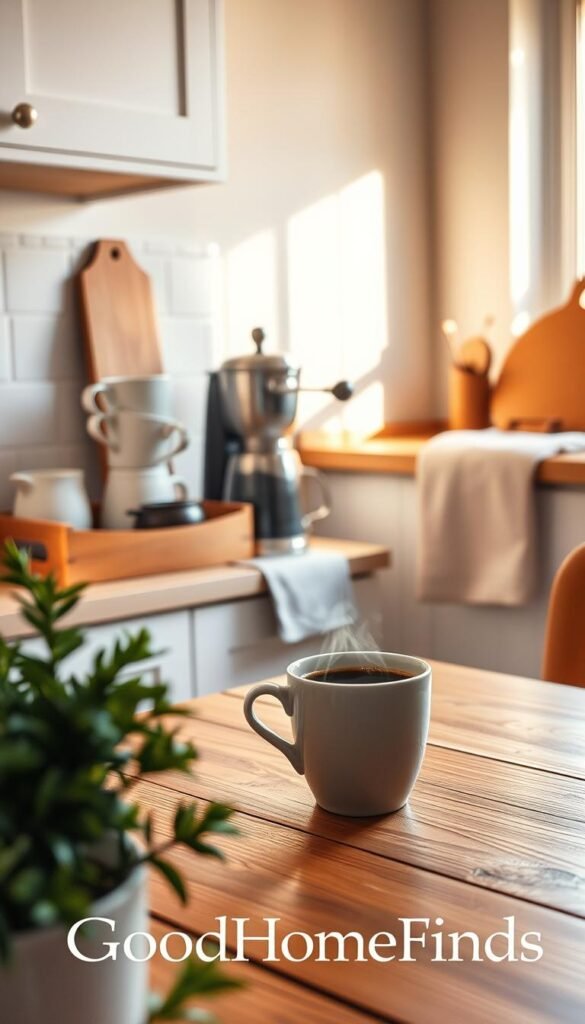 A cozy coffee corner in a bright, inviting kitchen setting, showcasing a stylish wooden table topped with a steaming cup of freshly brewed coffee. In the foreground, a small potted plant adds a touch of greenery. The middle layer features an aesthetically arranged coffee station with neatly stacked mugs, a vintage coffee grinder, and a soft linen napkin. In the background, warm sunlight streams through a window, casting soft shadows and highlighting the subtle textures of the walls and cabinetry. The overall atmosphere is relaxed and welcoming, ideal for enjoying a quiet moment. The composition reflects a Pinterest-worthy lifestyle, designed to inspire without overwhelming. Brand name "GoodHomeFinds" subtly embedded in the scene through decor elements.