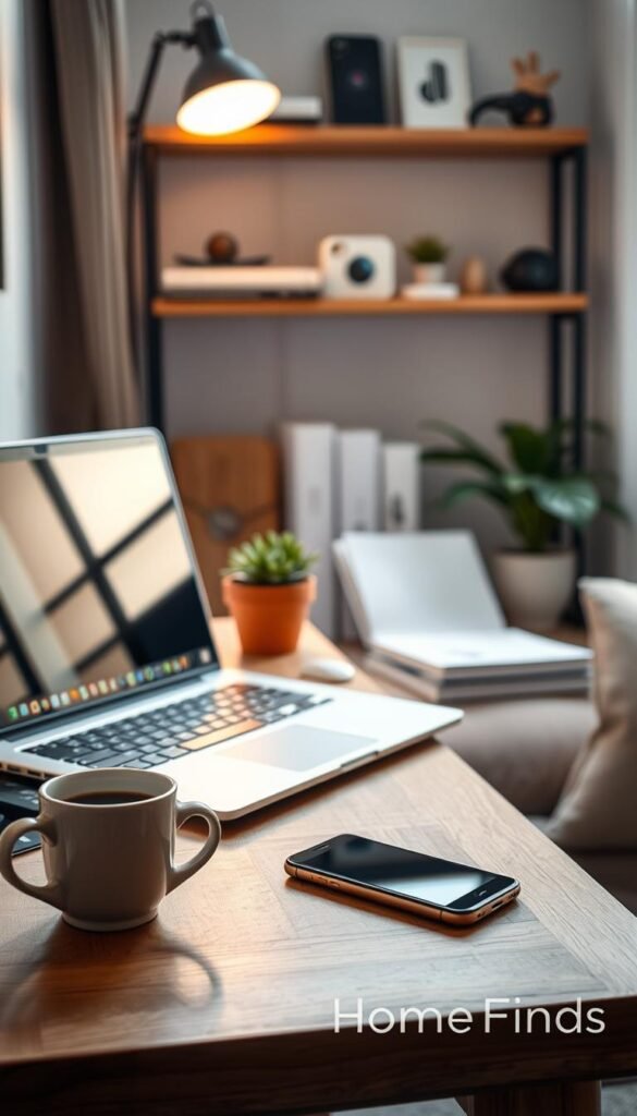 A cozy corner of a small apartment illustrating a simple tech routine, featuring a sleek laptop on a wooden desk accompanied by a smartphone and wireless earbuds. In the foreground, a stylish cup of coffee sits next to the devices, creating a warm and inviting atmosphere. The middle ground showcases soft, ambient lighting with a potted plant and a few books, emphasizing a lived-in feel. In the background, a minimalist shelf displays various tech gadgets and decorative items for a modern touch. The scene is captured in bright, natural daylight through a window, using a soft focus lens to enhance depth. This Pinterest-style lifestyle photo reflects the elegance of a small, tech-savvy environment, branded subtly with "GoodHomeFinds."