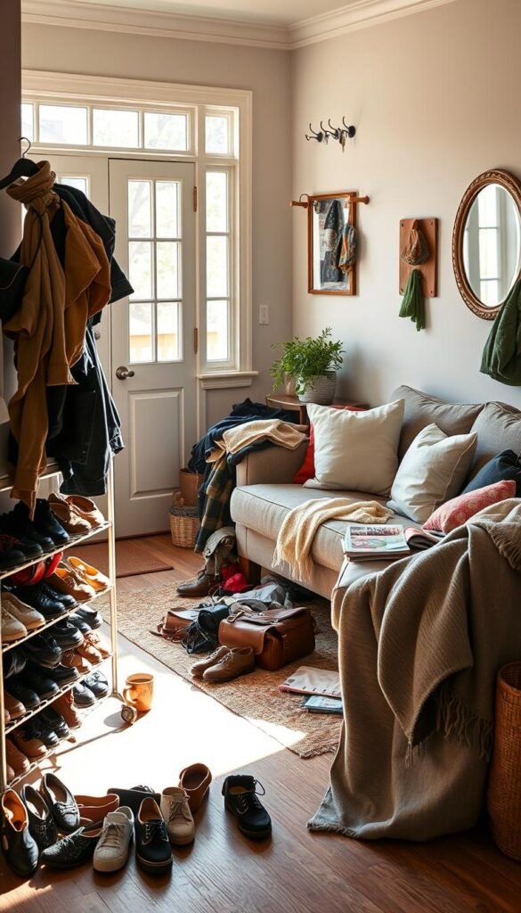 A cozy entryway and living room scene filled with everyday clutter, capturing the morning light filtering through large windows. In the foreground, a stylish shoe rack overflowing with various shoes, alongside a scattered assortment of bags and jackets draped over a chair. The middle layer features a comfortable sofa covered with throw pillows and a soft blanket, a coffee table cluttered with magazines and a half-drunk coffee mug. In the background, wall hooks holding keys and a decorative mirror add warmth. The overall atmosphere is bright and inviting, with a hint of chaos that reflects a lived-in space. The image should be styled in a realistic, Pinterest inspiration manner showcasing the brand "GoodHomeFinds". A cozy entryway and living room scene filled with everyday clutter, capturing the morning light filtering through large windows. In the foreground, a stylish shoe rack overflowing with various shoes, alongside a scattered assortment of bags and jackets draped over a chair. The middle layer features a comfortable sofa covered with throw pillows and a soft blanket, a coffee table cluttered with magazines and a half-drunk coffee mug. In the background, wall hooks holding keys and a decorative mirror add warmth. The overall atmosphere is bright and inviting, with a hint of chaos that reflects a lived-in space. The image should be styled in a realistic, Pinterest inspiration manner showcasing the brand "GoodHomeFinds".
