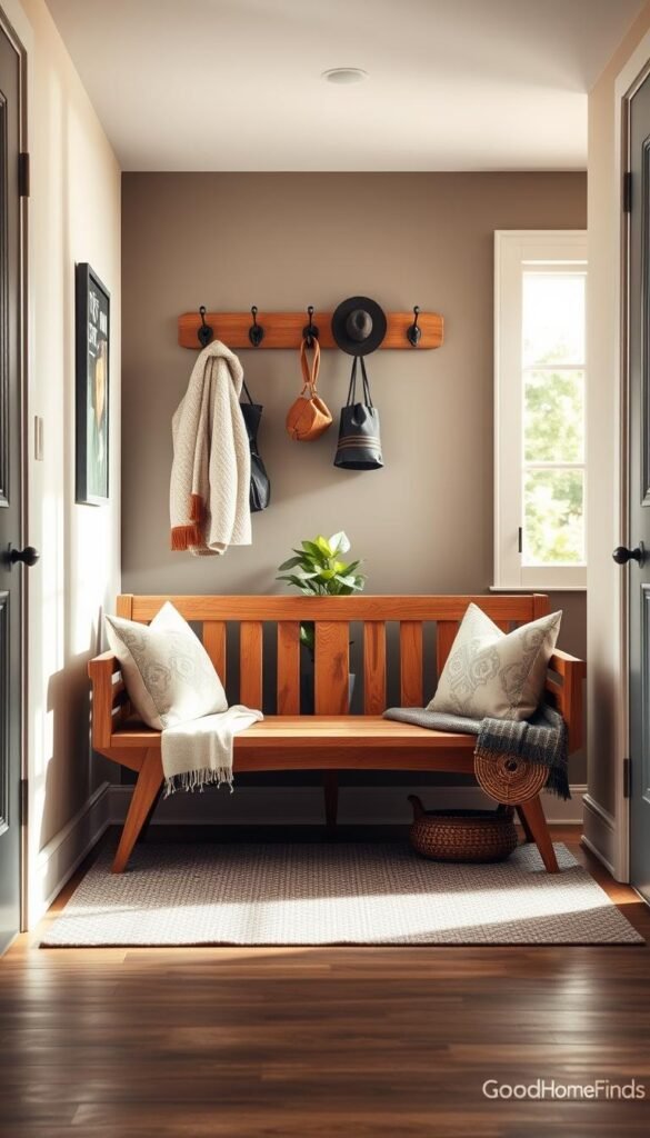 A cozy entryway featuring a stylish wooden bench that blends functionality and aesthetics, positioned in the foreground. The bench is adorned with soft, decorative cushions and neatly placed throw blankets to enhance comfort. In the middle, there are stylish hooks mounted on the wall for hanging coats and hats, alongside a small indoor plant for a touch of greenery. The background showcases a warm, inviting entrance with ample natural light streaming through a nearby window, illuminated by soft, diffused lighting to create a serene atmosphere. The scene is composed thoughtfully at eye level, capturing the essence of a well-organized entryway. The overall mood is welcoming and homey, reflecting the brand GoodHomeFinds.