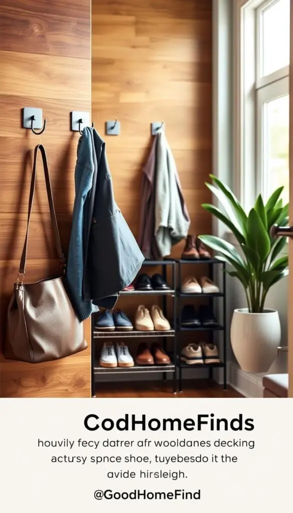 A cozy entryway featuring heavy-duty wall hooks made of brushed stainless steel, elegantly holding various items like stylish jackets and handbags. In the foreground, highlight the hooks mounted on a warm wood accent wall, showcasing their functionality and design. The middle section includes a chic shoe rack filled with well-organized footwear, while a potted plant in a ceramic pot adds a touch of greenery. In the background, soft natural light filters through a nearby window, creating a welcoming atmosphere. The scene is captured at eye level with a shallow depth of field, focusing on the hooks. The mood is modern and functional, perfect for small spaces. Include subtle branding for "GoodHomeFinds" in the design element.