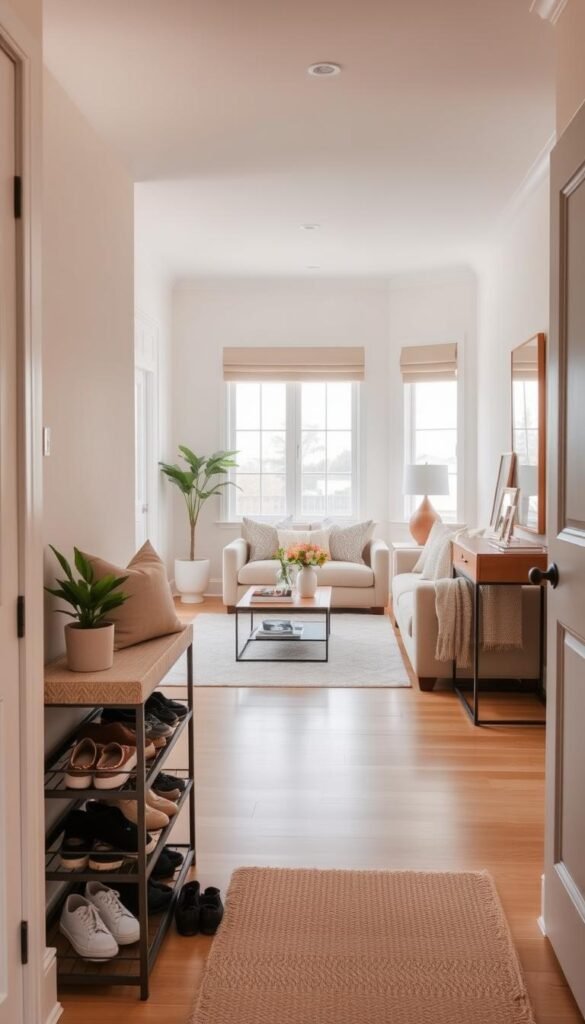 A cozy entryway leading into a stylish living room, showcasing a clutter-free environment ideal for busy lifestyles. In the foreground, a neatly organized shoe rack and a decorative bench with cushions, accented by a small potted plant. The middle section reveals a well-arranged living space with a modern coffee table, fresh flowers, and a plush sofa adorned with soft throws. A console table is positioned against the wall, holding minimalist decor items and a few framed family photos. The background features large windows allowing natural light to flood the room, creating an inviting atmosphere. Soft, warm tones dominate the color palette, emphasizing comfort and tidiness. The scene embodies the essence of a reset home, ideal for a busy person’s daily routine, captured in a Pinterest-style aesthetic. GoodHomeFinds. A cozy entryway leading into a stylish living room, showcasing a clutter-free environment ideal for busy lifestyles. In the foreground, a neatly organized shoe rack and a decorative bench with cushions, accented by a small potted plant. The middle section reveals a well-arranged living space with a modern coffee table, fresh flowers, and a plush sofa adorned with soft throws. A console table is positioned against the wall, holding minimalist decor items and a few framed family photos. The background features large windows allowing natural light to flood the room, creating an inviting atmosphere. Soft, warm tones dominate the color palette, emphasizing comfort and tidiness. The scene embodies the essence of a reset home, ideal for a busy person’s daily routine, captured in a Pinterest-style aesthetic. GoodHomeFinds.