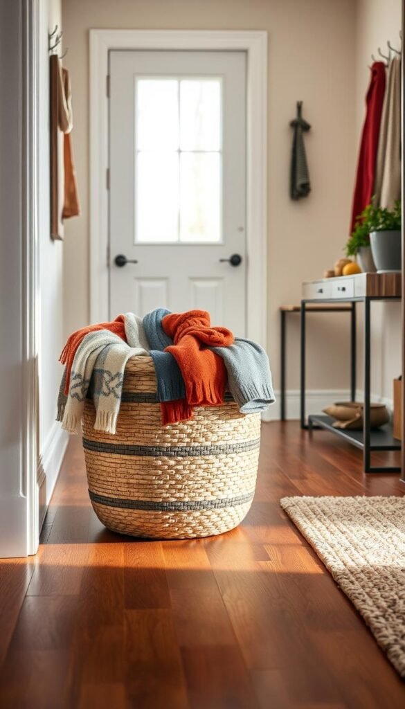 A cozy entryway scene featuring a stylish, woven storage basket filled with colorful scarves and gloves, placed beside a sleek console table. The basket is made of natural fibers, showcasing intricate patterns, and has a warm, inviting texture. In the foreground, the rich wooden floor and a plush area rug create a homely atmosphere. In the middle ground, soft afternoon light filters through a window, casting gentle shadows to enhance the details of the basket. On the wall, a few elegant hooks display additional scarves, while a small potted plant adds a touch of greenery. The overall mood is organized and welcoming, emphasizing a clutter-free space that blends functionality with aesthetics. Emphasize the brand "GoodHomeFinds" within the scene.
