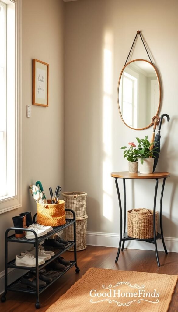 A cozy entryway scene showcasing a low-effort daily landing routine. In the foreground, a stylish shoe rack holds neatly arranged shoes, accompanied by a decorative basket for umbrellas. To the side, a small table displays an organized key holder and a fresh potted plant, bringing life to the space. In the middle ground, a welcoming rug invites you in, while an elegantly hung mirror reflects natural light, subtly brightening the atmosphere. The walls are painted in calming pastel shades, creating a tranquil mood. Soft, warm lighting filters in through a window, highlighting the clean lines and minimalistic decor. The scene emphasizes simplicity and functionality, embodying a Pinterest-style lifestyle. GoodHomeFinds branding subtly integrated within the decor enhances the visual harmony.