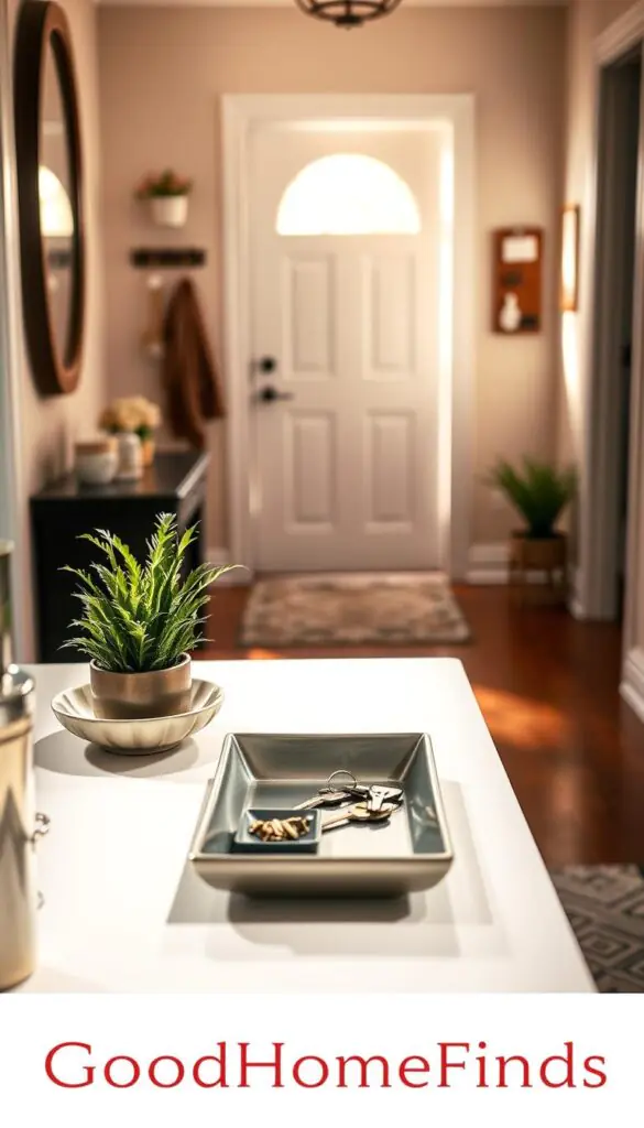 A cozy entryway setting featuring a stylish, organized drop zone for keys, mail, and daily essentials. In the foreground, a chic console table holds a decorative dish for keys, a small indoor plant, and a stylish catch-all tray for mail. The middle ground displays an elegant wall-mounted organizer with hooks for keys and a pinboard for notes, accompanied by a subtle, warm-toned light illuminating the area. In the background, a welcoming door leads to a bright hallway, subtly blurred to emphasize the foreground details. The overall mood is warm and inviting, with natural light casting soft shadows. The scene is designed in a modern, Pinterest-inspired style, branded with "GoodHomeFinds".