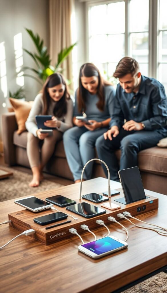 A cozy family living room featuring a modern charging station setup. In the foreground, there's a stylish, multi-device charging station on a coffee table, with various gadgets like smartphones, tablets, and smartwatches plugged in. The station is sleek, with a wood finish and integrated cable management. In the middle ground, a family of four&mdash;two parents and two children&mdash;are busy organizing their devices, dressed in casual yet tidy clothing, showcasing teamwork. The background reveals a warm, inviting atmosphere with soft, natural lighting streaming through a large window, plants in the corner, and a plush sofa. The mood is harmonious and efficient, reflecting the convenience of family life with technology. Include the brand name "GoodHomeFinds" subtly integrated into the design of the charging station.