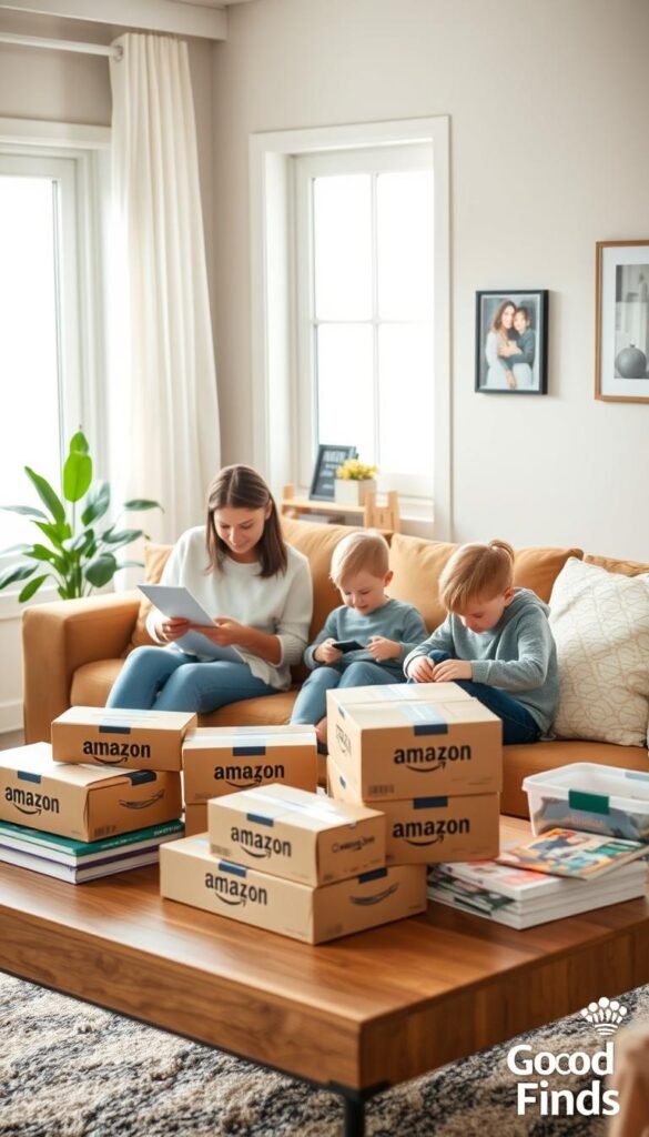 A cozy family living room filled with modern, practical Amazon finds. In the foreground, a stylish, organized coffee table showcases neatly arranged Amazon packages being opened by a mother and her child, both dressed in casual, comfortable clothing. The middle layer features a warm-toned sofa adorned with practical home decor, including family-friendly items like storage bins and kids' books. In the background, soft natural light floods in through large windows, illuminating the room with an inviting atmosphere. A houseplant adds a touch of greenery, and a framed family photo hangs on the wall, enhancing the homely feel. The image should evoke a sense of practicality and warmth, emphasizing the theme of sensible shopping. Include a subtle logo for "GoodHomeFinds" in a corner.