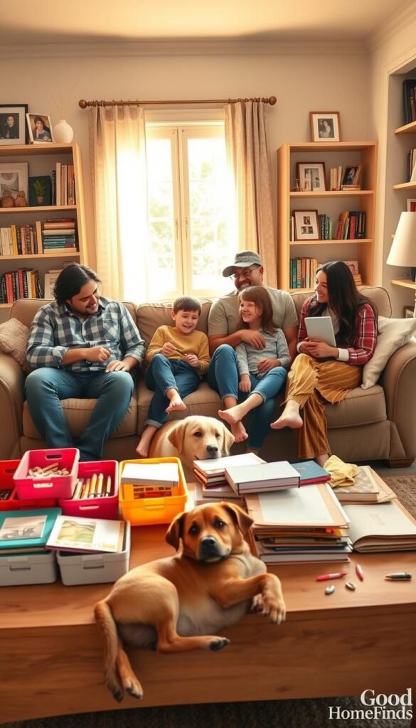 A cozy family living room scene, depicting a diverse family of four sitting together on a comfortable sofa, engaged in a lively discussion about household organization. The foreground features a coffee table cluttered with organizational tools like colorful bins and planners. In the middle, warm light streams through a window, creating a welcoming atmosphere. Bookshelves filled with neatly arranged books and family photos line the walls, enhancing the feeling of togetherness. A playful dog lies at the feet of the children, adding a touch of warmth. The overall mood is one of collaboration and harmony, reflecting a productive family environment. The image is styled in a Pinterest-worthy aesthetic, with soft colors and natural light. GoodHomeFinds.