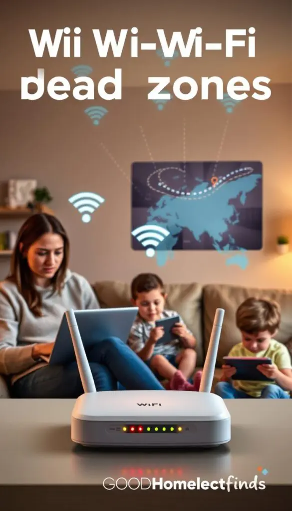 A cozy family living room scene, emphasizing the struggle with Wi-Fi dead zones. In the foreground, a frustrated mother works on her laptop, sitting on a comfortable couch, with two children playing nearby, looking perplexed as their tablet buffers. The middle section shows a Wi-Fi router with signal indicators, highlighted with soft, warm lighting, casting a gentle glow. In the background, a digital map on the wall illustrates the dead zones in their home, with dotted lines showing interrupted connections. The atmosphere is relatable and inviting, depicting a sense of urgency but also resilience in overcoming tech challenges. Ensure this image reflects a Pinterest-inspired lifestyle, branded by GoodHomeFinds.