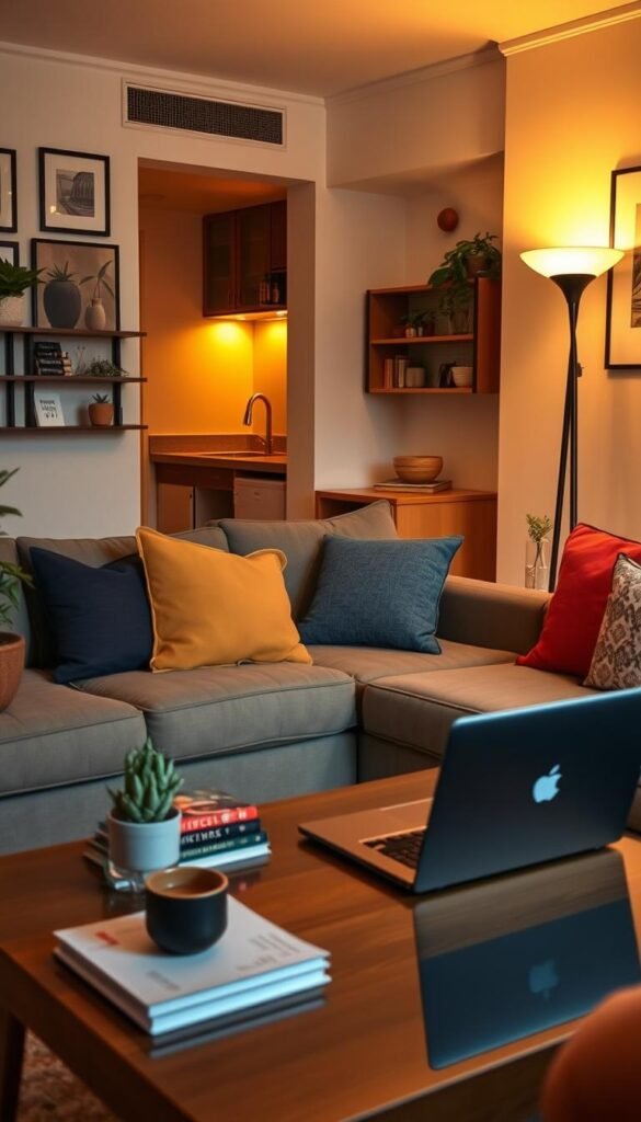 A cozy first apartment living room, featuring a stylish yet modest sofa adorned with colorful cushions, a small coffee table displaying a few books and a potted succulent, and a compact shelf with plants and decorative items. A laptop sits open on the table, hinting at a work-from-home vibe. Mid-century modern decor accents the walls, with framed art and warm lighting from a floor lamp casting a welcoming glow. In the background, a small kitchen area is visible with essential appliances and open shelving. The color palette is warm and inviting, embodying the atmosphere of home and comfort. The image captures a lifestyle scene reflecting a blend of modern technology and apartment living, all in a Pinterest-worthy style. GoodHomeFinds. A cozy first apartment living room, featuring a stylish yet modest sofa adorned with colorful cushions, a small coffee table displaying a few books and a potted succulent, and a compact shelf with plants and decorative items. A laptop sits open on the table, hinting at a work-from-home vibe. Mid-century modern decor accents the walls, with framed art and warm lighting from a floor lamp casting a welcoming glow. In the background, a small kitchen area is visible with essential appliances and open shelving. The color palette is warm and inviting, embodying the atmosphere of home and comfort. The image captures a lifestyle scene reflecting a blend of modern technology and apartment living, all in a Pinterest-worthy style. GoodHomeFinds.