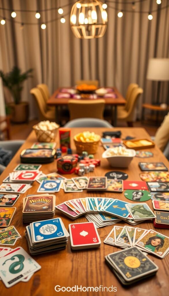 A cozy game night setup featuring an inviting tabletop filled with various colorful card games. Foreground elements include an array of vibrant card decks, neatly shuffled, alongside stylish game pieces like dice and chips. In the middle, a warm wooden table surrounded by comfortable chairs, adorned with a soft, textured tablecloth for added warmth. Background features soft ambient lighting from string lights overhead, casting a gentle glow that enhances the relaxed atmosphere. A few snacks, like popcorn and chips, are casually placed nearby to evoke a sense of fun and casual gathering. The overall mood is inviting and playful, perfect for warm weekend evenings spent with friends and family. The image conveys a sense of enjoyment and togetherness, capturing the essence of "Weekend Finds for Game Night at Home." GoodHomeFinds.