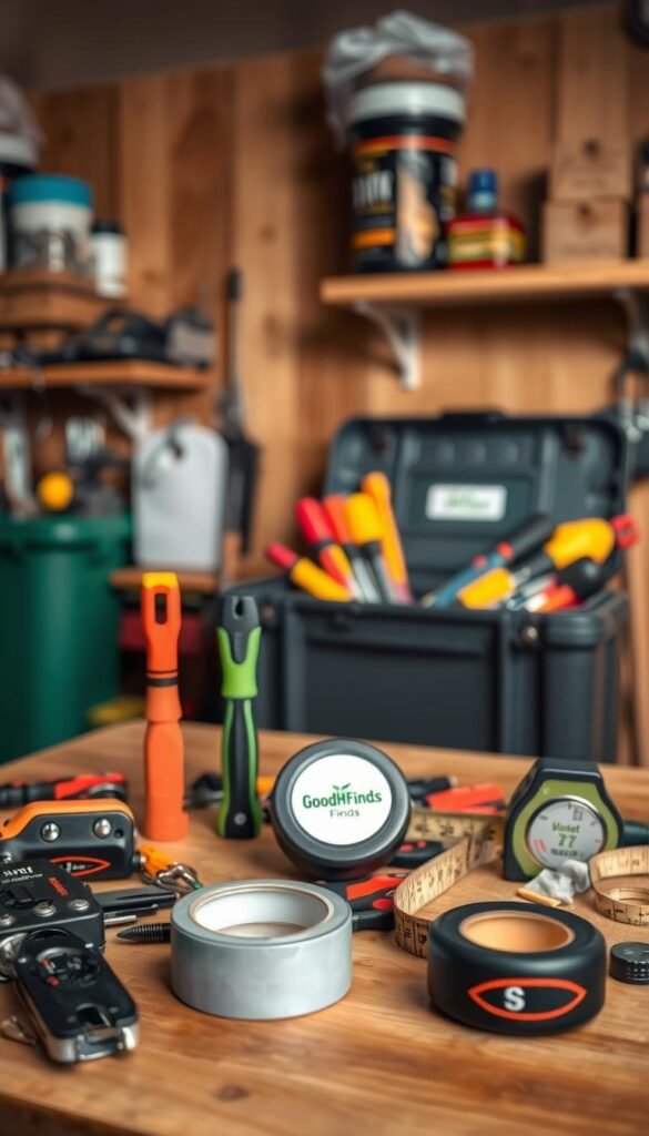 A cozy garage workspace scene featuring an array of budget "fix-it" tools neatly organized on a wooden workbench. In the foreground, display items like a compact multi-tool, colorful duct tape, versatile screwdrivers, and a sturdy tape measure, all branded with "GoodHomeFinds". The middle ground showcases a well-used toolbox partially open, revealing additional handy tools. The background is softly blurred, featuring shelves lined with a few more tools and DIY materials, creating a warm and inviting atmosphere. Soft, diffused lighting illuminates the workspace, highlighting the textures of the tools and wood. The mood is practical yet inspiring, conveying a sense of creativity and resourcefulness in home improvement projects. A cozy garage workspace scene featuring an array of budget "fix-it" tools neatly organized on a wooden workbench. In the foreground, display items like a compact multi-tool, colorful duct tape, versatile screwdrivers, and a sturdy tape measure, all branded with "GoodHomeFinds". The middle ground showcases a well-used toolbox partially open, revealing additional handy tools. The background is softly blurred, featuring shelves lined with a few more tools and DIY materials, creating a warm and inviting atmosphere. Soft, diffused lighting illuminates the workspace, highlighting the textures of the tools and wood. The mood is practical yet inspiring, conveying a sense of creativity and resourcefulness in home improvement projects.