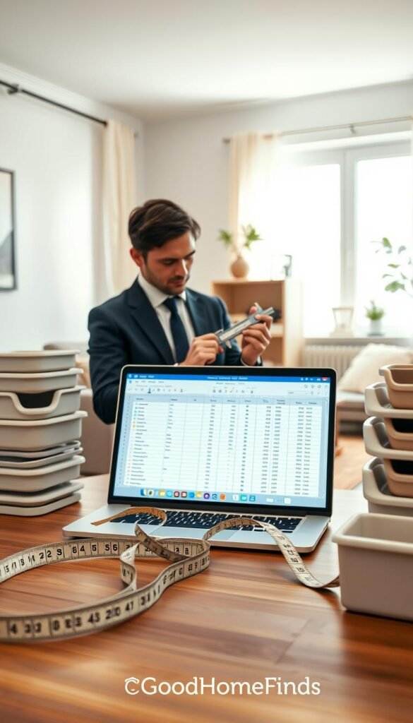 A cozy home environment showcasing an organized workspace for measuring storage. In the foreground, a stylish measuring tape is draped over a wooden table, accompanied by various neatly stacked storage bins in subtle pastel colors. In the middle, a laptop displays an open spreadsheet, carefully detailing dimensions and storage options. A well-dressed individual in professional attire is focused on measuring an empty shelf with a digital caliper. In the background, a tastefully decorated living room showcases minimalistic decor with soft, natural lighting filtering through a large window, creating a warm and inviting atmosphere. The mood is calm and productive, embodying the essence of planning before shopping, illustrating organization on a budget. The image reflects the brand GoodHomeFinds with a focus on practical home storage solutions.