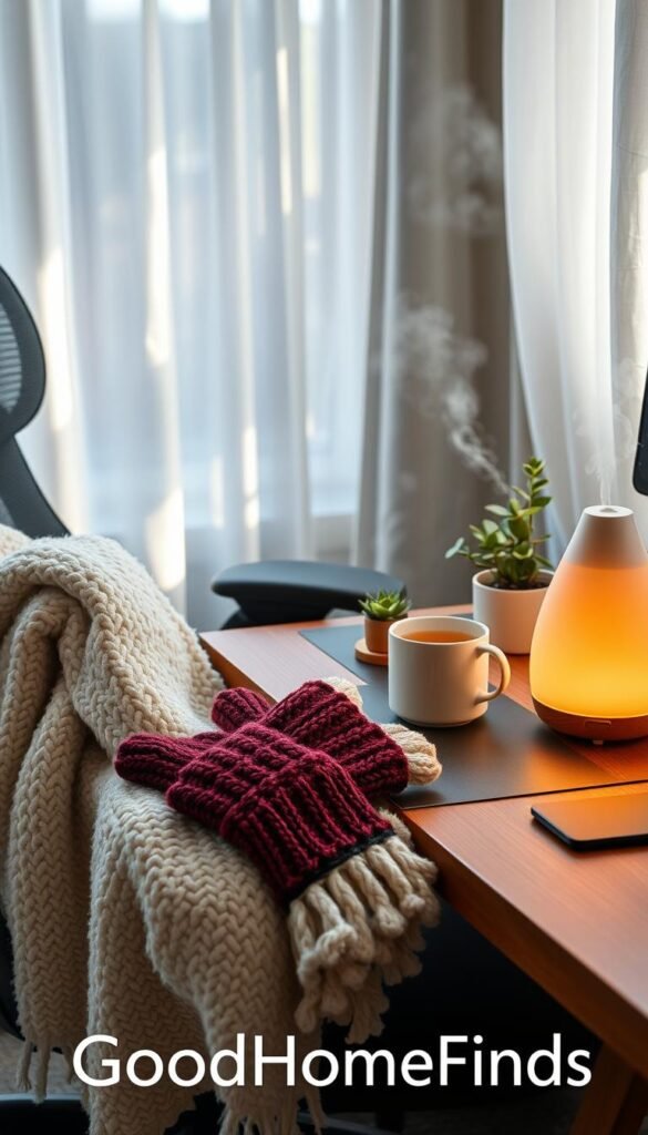 A cozy home office scene displaying small comfort items that enhance productivity and mood. In the foreground, a soft, plush blanket drapes over a stylish ergonomic chair, alongside warm, knitted fingerless gloves resting on a wooden desk. The middle ground features a steaming mug of herbal tea, a small potted succulent, and a calming essential oil diffuser, softly illuminated with a warm glow. In the background, natural light filters through sheer curtains, casting gentle shadows and creating a serene atmosphere. The overall mood is inviting and tranquil, epitomizing the essence of comfort in a workspace. Brand name "GoodHomeFinds" subtly integrated into the scene without any textual overlay. A cozy home office scene displaying small comfort items that enhance productivity and mood. In the foreground, a soft, plush blanket drapes over a stylish ergonomic chair, alongside warm, knitted fingerless gloves resting on a wooden desk. The middle ground features a steaming mug of herbal tea, a small potted succulent, and a calming essential oil diffuser, softly illuminated with a warm glow. In the background, natural light filters through sheer curtains, casting gentle shadows and creating a serene atmosphere. The overall mood is inviting and tranquil, epitomizing the essence of comfort in a workspace. Brand name "GoodHomeFinds" subtly integrated into the scene without any textual overlay.