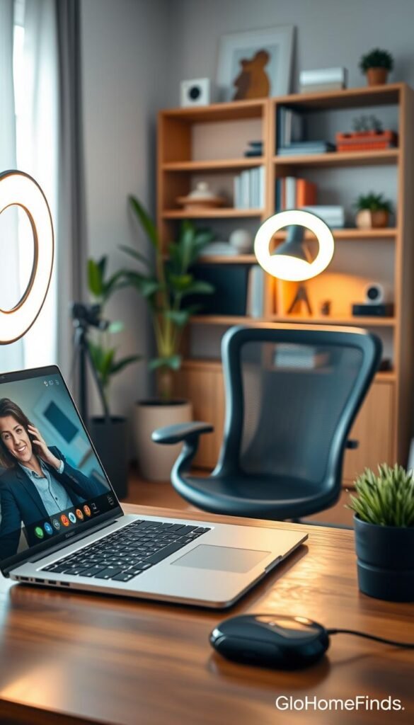 A cozy home office scene featuring a professional video call setup. In the foreground, a sleek laptop on a wooden desk, showing a vibrant video call interface with a smiling person dressed in smart casual attire. To the side, a well-defined ring light illuminates the subject, casting a warm and inviting glow. In the middle, a stylish chair with ergonomic design complements a neatly organized workspace adorned with tech gadgets, like a high-quality webcam, headphones, and a potted plant. The background includes a softly blurred bookcase filled with neatly arranged books and decorative items, enhancing the homey atmosphere. Natural light streams in through a nearby window, suggesting an inviting and productive environment. The scene conveys professionalism and comfort, emphasizing the importance of quality video call gear. GoodHomeFinds.