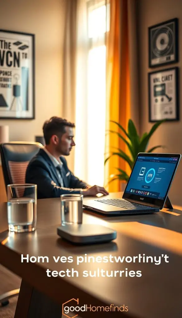 A cozy home office scene featuring a sleek, modern desk with a high-tech router and a laptop displaying a VPN interface. In the foreground, a person in professional business attire sits at the desk, focused on their work, with soft, warm lighting casting gentle shadows. The middle ground includes a clear glass of water and a plant, adding freshness to the workspace. The background features a window with natural light streaming in, illuminating a wall adorned with tech-related artwork. The overall atmosphere is calm and productive, reflecting a privacy-friendly tech environment. The style is realistic and Pinterest-inspired, capturing the essence of contemporary home networking solutions, branded with "GoodHomeFinds."