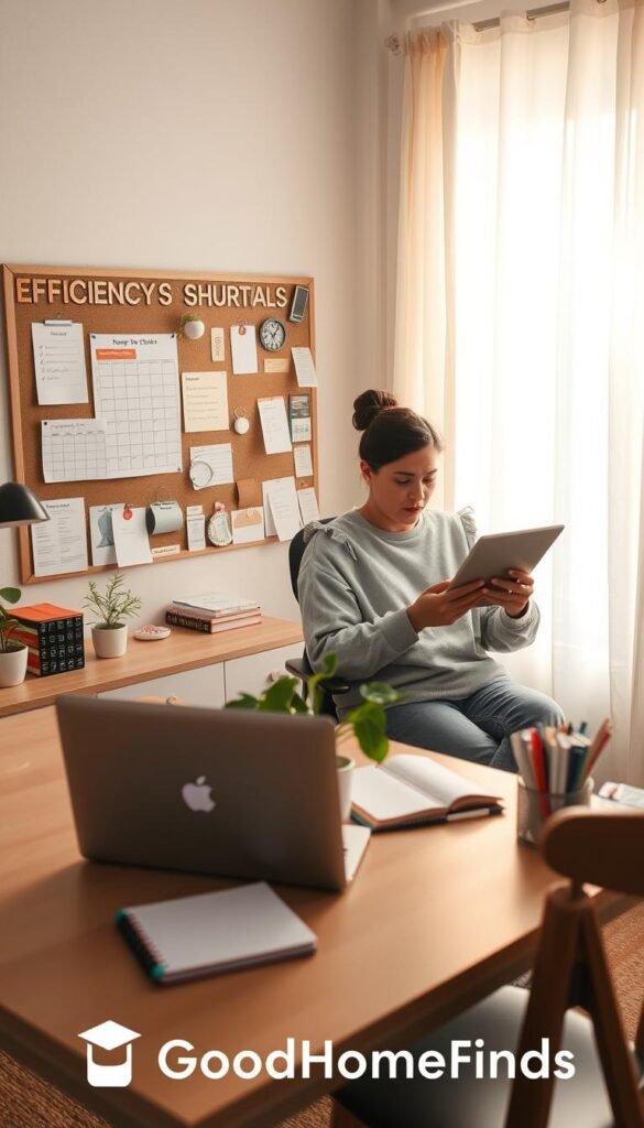 A cozy home office scene featuring an organized workspace with various efficiency shortcuts and tools. In the foreground, a stylish desk made of light wood with a laptop, a plant, and a notebook with colorful tabs indicating shortcuts. In the middle, a bulletin board filled with checklists, timers, and visual reminders of productivity techniques. In the background, a sunlit window with sheer curtains, providing a warm and inviting glow. Soft, natural lighting enhances the atmosphere of calm and focus. The colors are muted pastels to promote a soothing environment. A person in modest casual attire sits at the desk, looking thoughtfully at a digital planner, embodying an efficient but relaxed demeanor. The brand logo "GoodHomeFinds" is subtly integrated into the decor without being obtrusive.