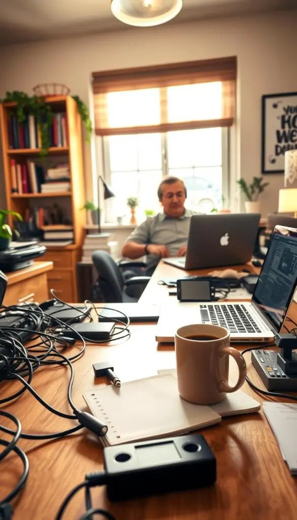A cozy home office scene illuminated by warm, natural light, showcasing a professional in modest casual attire, seated at a cluttered desk filled with common mistakes in work-from-home setups. In the foreground, items like tangled charging cables, an overflowing coffee cup, outdated technology, and a messy notepad are prominently displayed. The middle ground reveals a partially opened laptop with a disorganized digital workspace on the screen, emphasizing distractions. The background features a stylish bookshelf with motivational books and plants, creating an inviting atmosphere. The overall mood is reflective, highlighting inefficiencies and inviting viewers to consider better practices. This image embodies the essence of "GoodHomeFinds," creating a relatable and engaging scene without text or distractions.