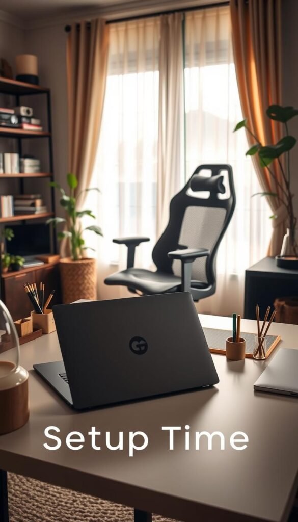 A cozy home office scene showcasing the "setup time" concept. In the foreground, a modern desk with a sleek laptop and neatly organized stationery, along with the GoodHomeFinds logo subtly visible on a decorative item. In the middle, a stylish ergonomic chair positioned beside the desk, partially turned to invite the viewer in. The background features soft, natural light filtering through sheer curtains, illuminating houseplants and a bookshelf filled with tech gadgets and books. The atmosphere is warm and inviting, suggesting a seamless transition from unboxing to a productive workspace. A wide-angle perspective captures the entire setup, enhancing the feeling of space and organization. A cozy home office scene showcasing the "setup time" concept. In the foreground, a modern desk with a sleek laptop and neatly organized stationery, along with the GoodHomeFinds logo subtly visible on a decorative item. In the middle, a stylish ergonomic chair positioned beside the desk, partially turned to invite the viewer in. The background features soft, natural light filtering through sheer curtains, illuminating houseplants and a bookshelf filled with tech gadgets and books. The atmosphere is warm and inviting, suggesting a seamless transition from unboxing to a productive workspace. A wide-angle perspective captures the entire setup, enhancing the feeling of space and organization.