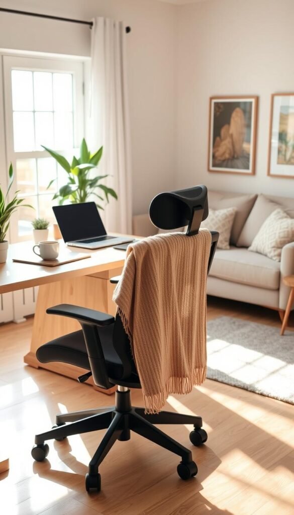 A cozy home office setting that radiates comfort and productivity. In the foreground, a stylish ergonomic chair with a soft throw blanket draped over it. A light wooden desk is adorned with a laptop, a potted succulent, and an inviting mug of tea. In the middle ground, a comfortable couch with plush cushions, hinting at relaxation during breaks, positioned near a large window letting in warm, natural light. The background features soft pastel-colored walls and tasteful wall art, enhancing the serene atmosphere. Gentle sunlight casts soft shadows, creating a peaceful vibe. The entire composition reflects a Pinterest-style lifestyle photo, embodying the essence of comfort for those working long hours at a desk. GoodHomeFinds. A cozy home office setting that radiates comfort and productivity. In the foreground, a stylish ergonomic chair with a soft throw blanket draped over it. A light wooden desk is adorned with a laptop, a potted succulent, and an inviting mug of tea. In the middle ground, a comfortable couch with plush cushions, hinting at relaxation during breaks, positioned near a large window letting in warm, natural light. The background features soft pastel-colored walls and tasteful wall art, enhancing the serene atmosphere. Gentle sunlight casts soft shadows, creating a peaceful vibe. The entire composition reflects a Pinterest-style lifestyle photo, embodying the essence of comfort for those working long hours at a desk. GoodHomeFinds.
