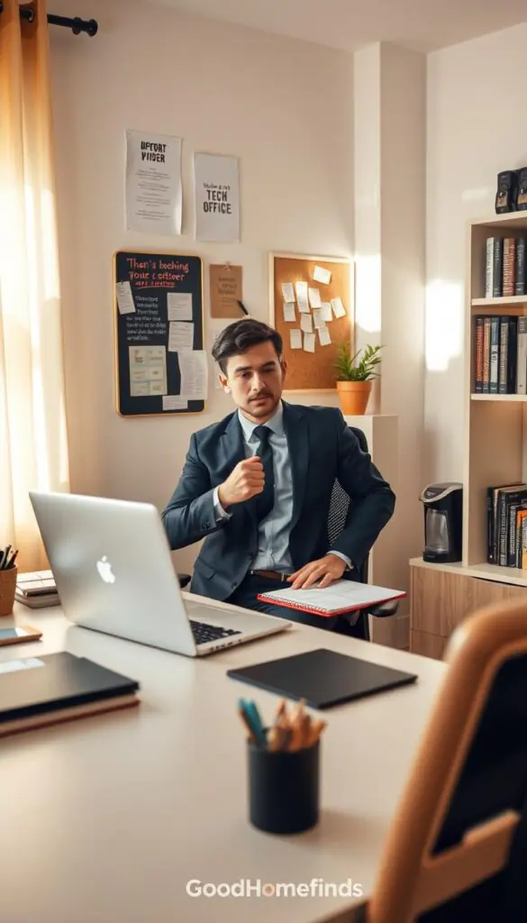 A cozy home office setup featuring a modern desk with a sleek laptop open, surrounded by neatly organized stationery. In the foreground, a person in professional attire is adjusting their chair, displaying a focused expression. The middle ground showcases a thoughtfully curated wall with inspirational posters and a corkboard filled with notes. Soft, warm lighting enhances the inviting atmosphere, with rays of sunlight streaming through a nearby window, highlighting a potted plant on the desk. In the background, a comfortable bookshelf full of tech books and a small coffee maker complete the scene. The overall mood reflects productivity and a calming work environment, emphasizing the ease of creating an efficient workspace. This image embodies the essence of "GoodHomeFinds," showcasing practicality and style in home office arrangements.