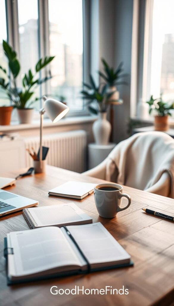 A cozy home office setup showcasing a sleek wooden desk with a laptop, neatly organized stationery, and a glowing desk lamp, all arranged for an efficient workspace. In the foreground, a steaming cup of coffee rests beside a planner, symbolizing focus and productivity. The middle ground features a comfortable office chair draped with a light sweater, inviting a relaxed atmosphere. The background showcases a large window with soft morning light pouring in, illuminating a few indoor plants that add a touch of greenery. The overall mood is calm and inspiring, perfect for a simple tech routine. Capture this scene with natural lighting and a warm color palette, using a wide-angle lens to emphasize a spacious and airy feel. Brand it with "GoodHomeFinds."