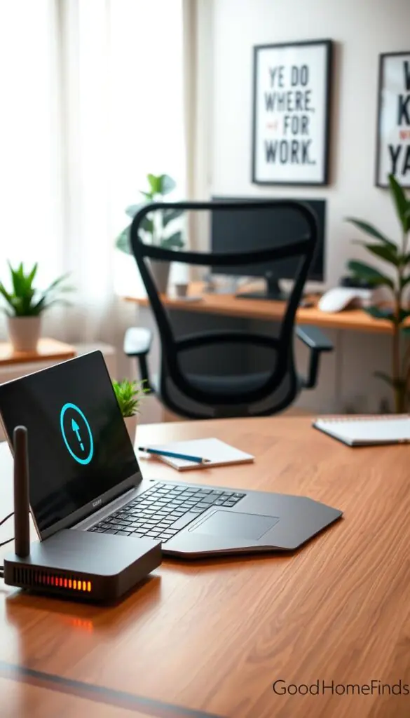 A cozy home office setup with modern technology, centered around a sleek, wooden desk. In the foreground, a high-end laptop displays an internet connection icon, alongside a stylish router with LED indicators. The middle ground features an ergonomic chair, a potted plant, and a notepad, conveying a productive atmosphere. In the background, soft natural light streams through a large window, illuminating a wall adorned with motivational artwork. The scene is composed with a warm color palette to evoke a sense of comfort and focus. The image is styled to resemble a Pinterest-worthy lifestyle photo, emphasizing professional remote work efficiency, attributed to GoodHomeFinds. The overall mood is calm and inviting, perfect for showcasing tech upgrades for stable internet access.