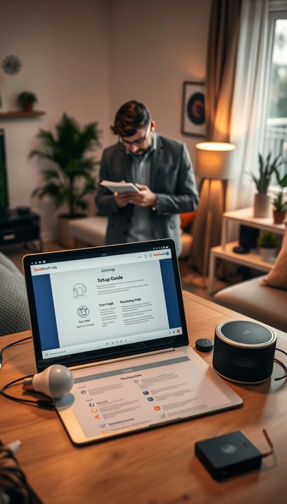 A cozy home workspace illustrating the theme of "setup time." In the foreground, a stylishly arranged desk features an open laptop displaying setup instructions, surrounded by tech gadgets like a smart bulb, a wireless speaker, and cables neatly organized. The middle section shows a focused individual, dressed in casual yet professional attire, thoughtfully analyzing the setup guide. In the background, a well-lit living room with a modern aesthetic highlights a smart home ecosystem, including a smart thermostat and potted plants. Soft, warm lighting bathes the scene, creating an inviting atmosphere, while a narrow depth of field focuses on the setup process. Evoke a feeling of efficiency and calmness, with the subtle branding of "GoodHomeFinds" integrated into the tech items.
