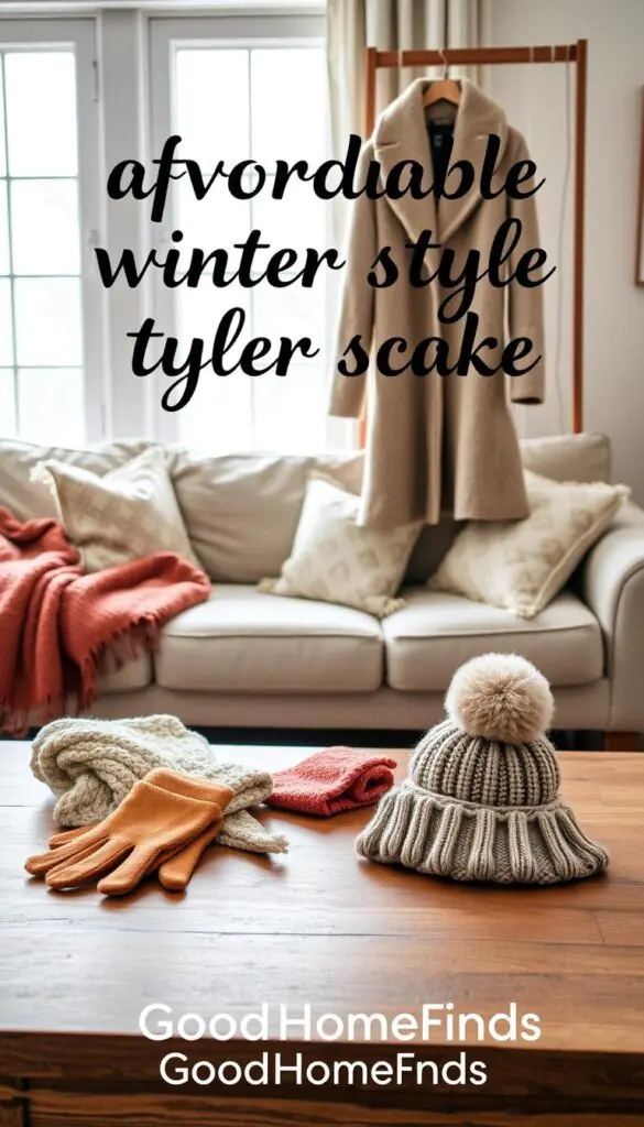 A cozy indoor scene showcasing affordable winter style upgrades. In the foreground, a neatly arranged coffee table holds stylish winter accessories like a knitted scarf, elegant gloves, and a chic beanie in warm colors. A beautifully styled winter coat hangs on a wooden rack, showcasing textures and patterns. In the middle, a softly lit living room features a plush sofa layered with soft throws and decorative pillows, creating an inviting atmosphere. The background reveals a window framed with frosty patterns, allowing gentle winter light to filter in, enhancing the warm, homey feel. The mood is comfortable and stylish, reminiscent of a Pinterest lifestyle photo. The brand name "GoodHomeFinds" subtly integrated into the decor elements.