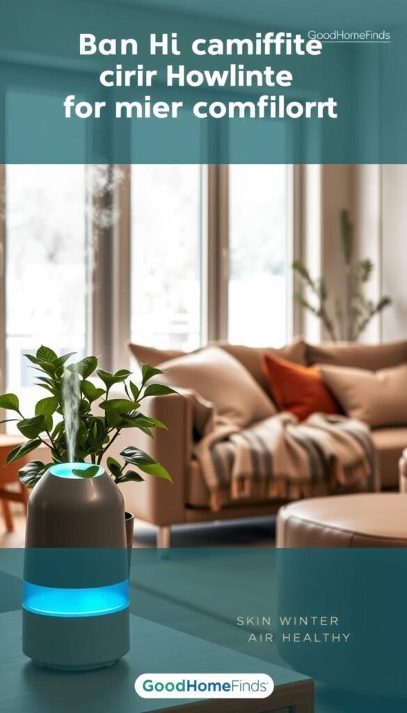 A cozy indoor scene showcasing the benefits of air humidity for winter comfort. In the foreground, a stylish humidifier emits a fine mist, casting a soft glow, while a potted plant thrives nearby, its leaves glistening with moisture. In the middle, a modern living room features a warm color palette with soft cushions and a wool throw blanket draped over an elegant sofa, inviting relaxation. A window reveals a snowy landscape outside, contrasting the warmth within. The lighting is gentle and diffused, creating a peaceful atmosphere. The image should capture a sense of comfort and well-being, emphasizing the importance of humidity in maintaining skin health and air quality, branded subtly with "GoodHomeFinds" in the corner without text overlays.